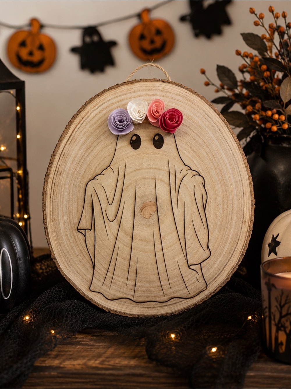 Handcrafted Floral Ghost Wood Slice Halloween Wall Decor